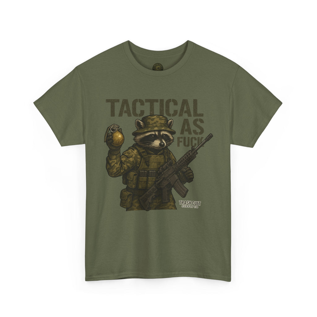 Tactical As F*** T-Shirt – Armed Raccoon Military Humor Tee | Trash Cult Supply Co. | Gildan 5000 Heavy Cotton