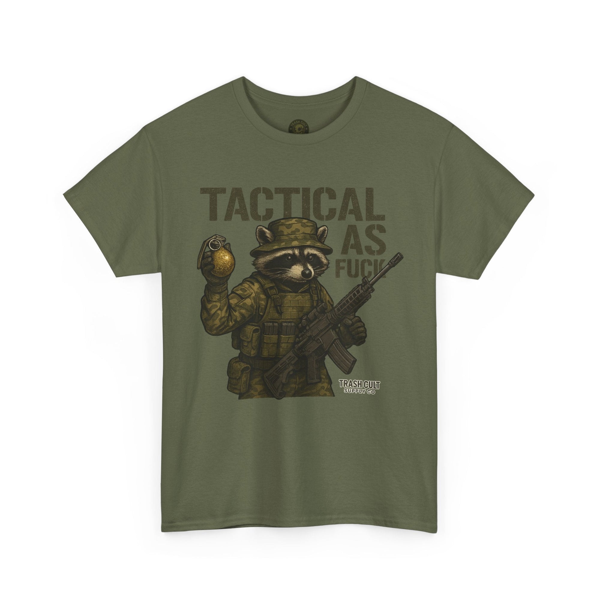 Tactical As F*** T-Shirt – Armed Raccoon Military Humor Tee | Trash Cult Supply Co. | Gildan 5000 Heavy Cotton