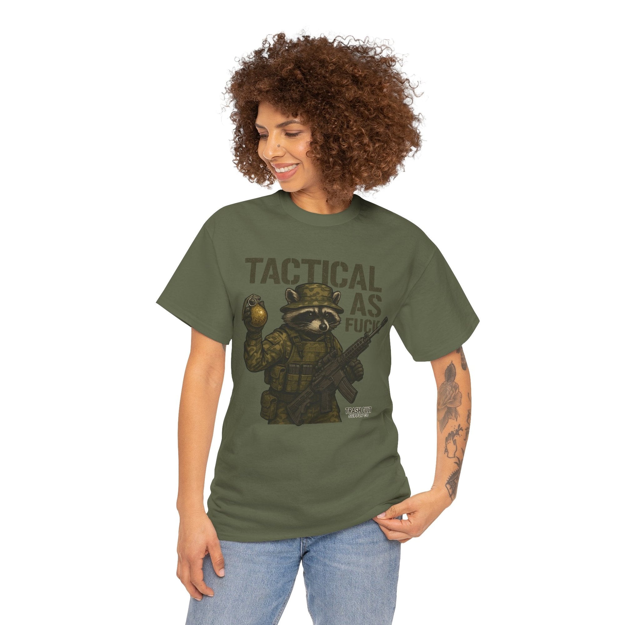 Tactical As F*** T-Shirt – Armed Raccoon Military Humor Tee | Trash Cult Supply Co. | Gildan 5000 Heavy Cotton