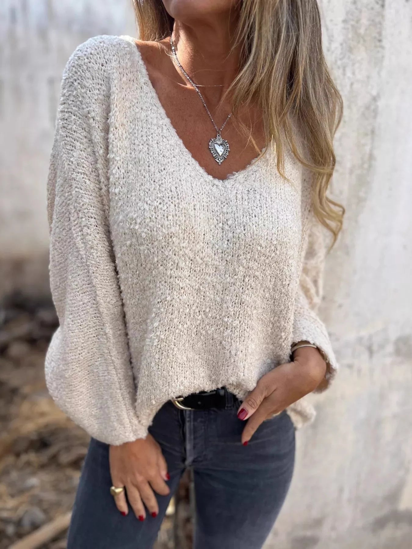 Full Size V-Neck Long Sleeve Sweater Plus Size