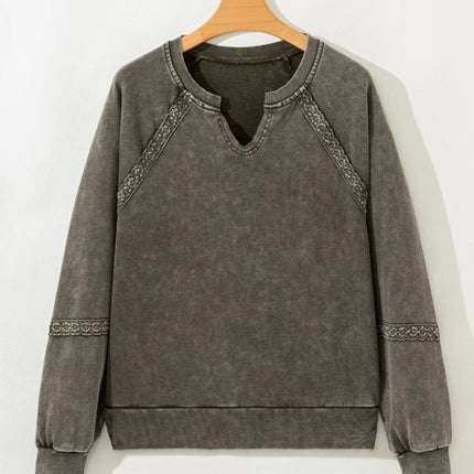 Lace Patchwork Detail Notched Mineral Wash Sweatshirt
