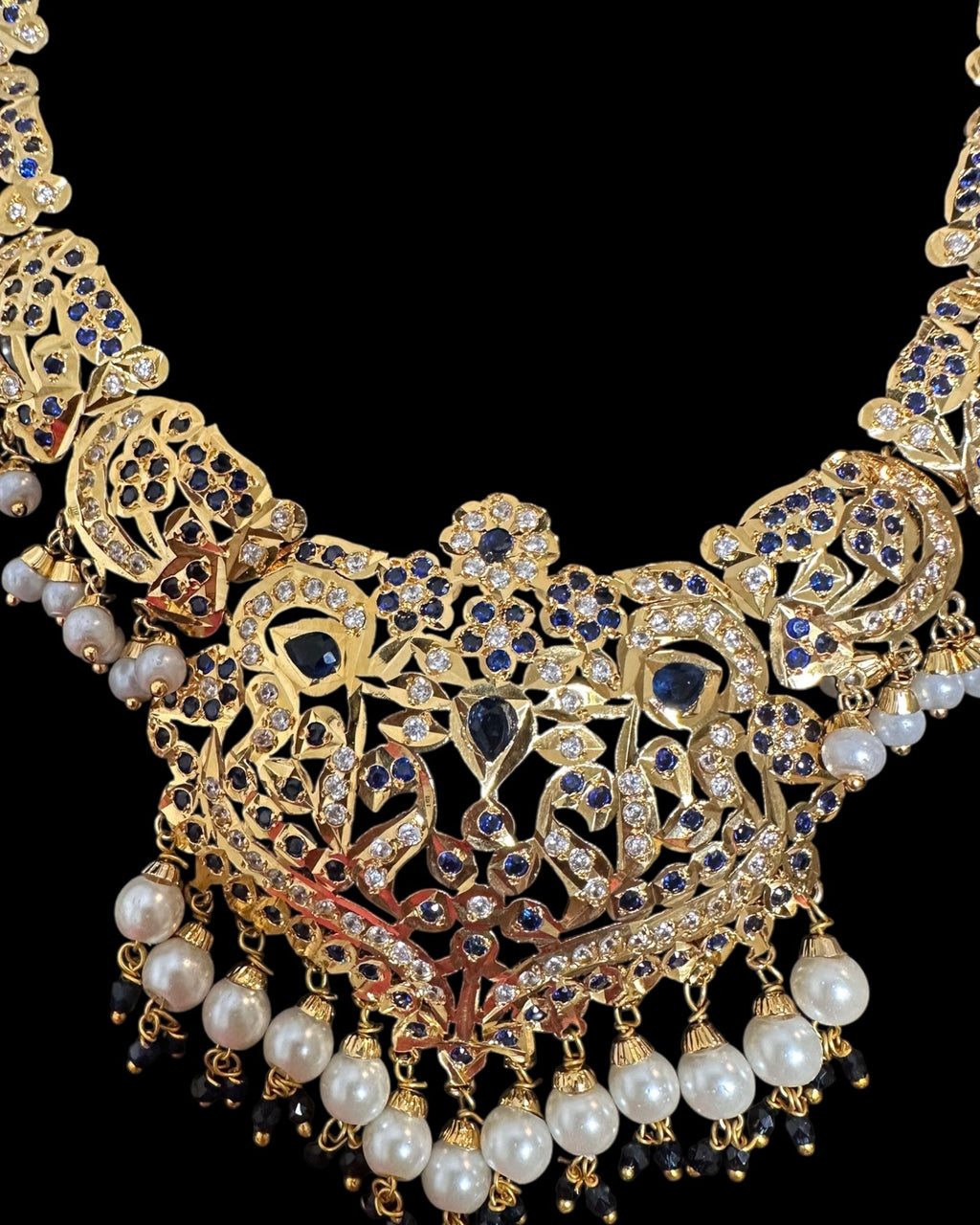 DNS204 Neeli jadau necklace with earrings tika in sapphire zircon(READY TO SHIP  )