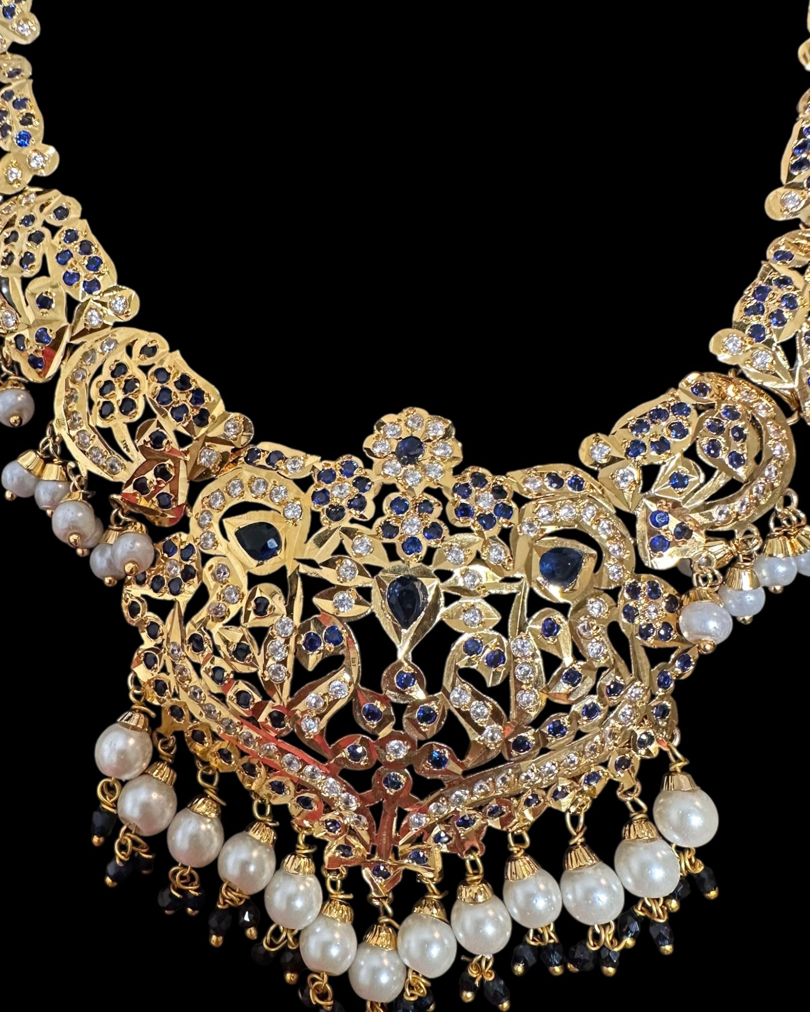 DNS204 Neeli jadau necklace with earrings tika in sapphire zircon(READY TO SHIP  )