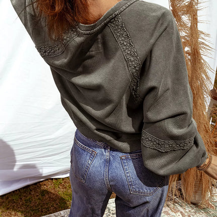 Lace Patchwork Detail Notched Mineral Wash Sweatshirt