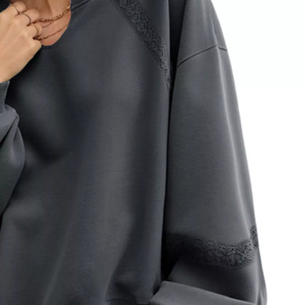 Lace Detail Notched Long Sleeve Sweatshirt