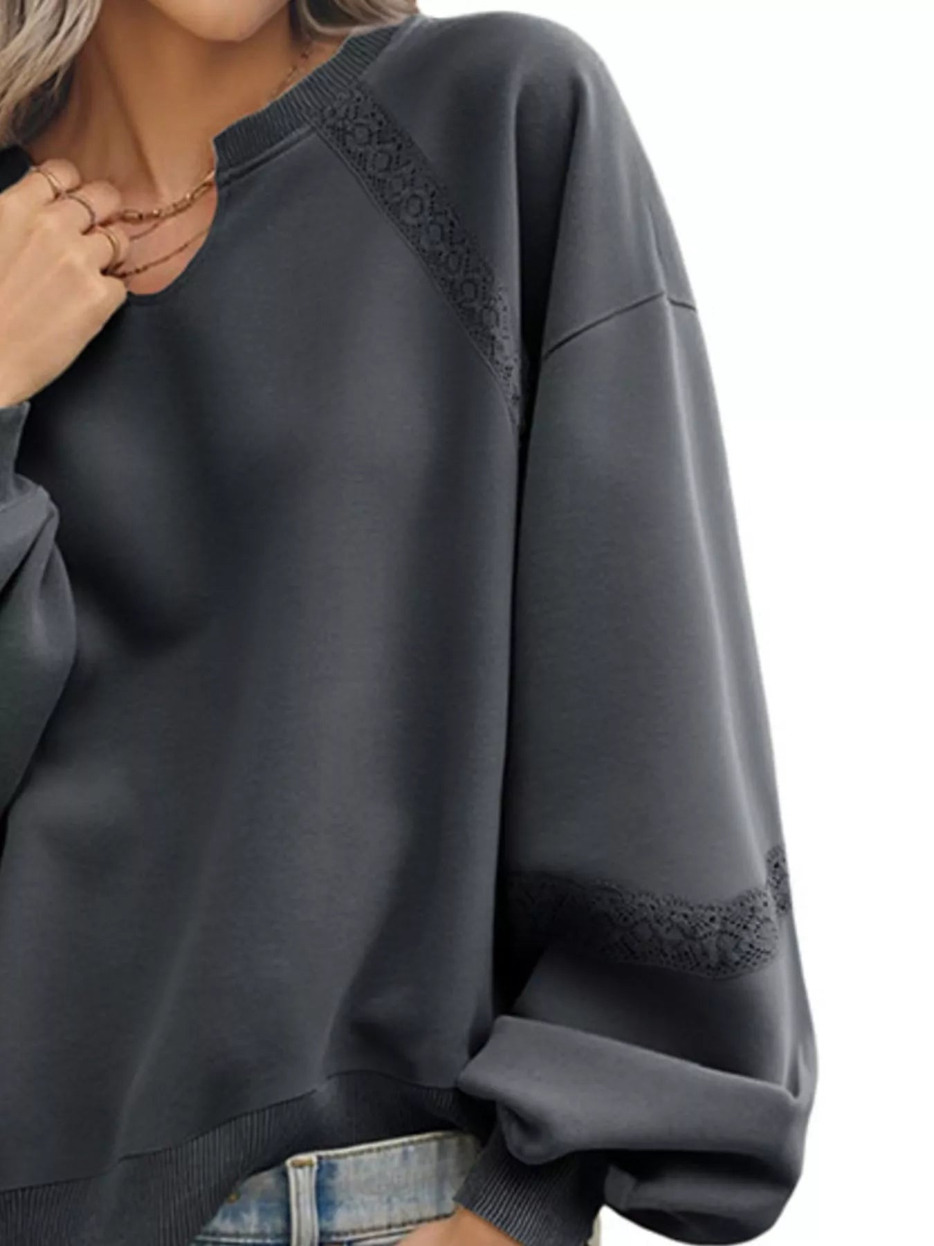 Lace Detail Notched Long Sleeve Sweatshirt
