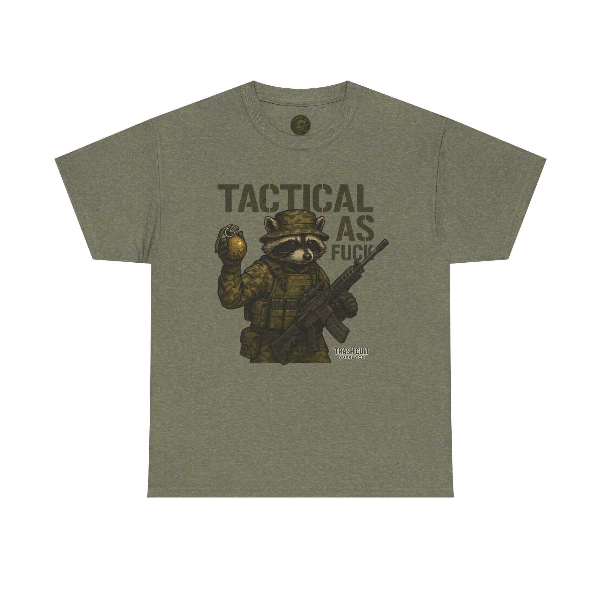 Tactical As F*** T-Shirt – Armed Raccoon Military Humor Tee | Trash Cult Supply Co. | Gildan 5000 Heavy Cotton