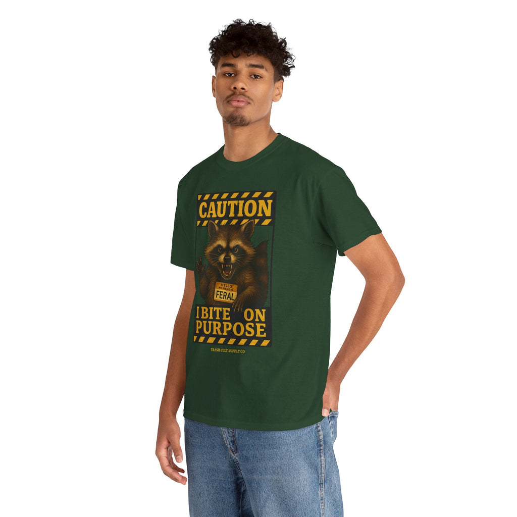 I Bite On Purpose Raccoon Warning T-Shirt – Caution Sign Style | Trash Cult Supply Co | Gildan 5000