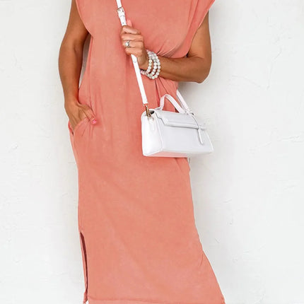Side Split Round Neck Cap Sleeve T-Shirt Dress