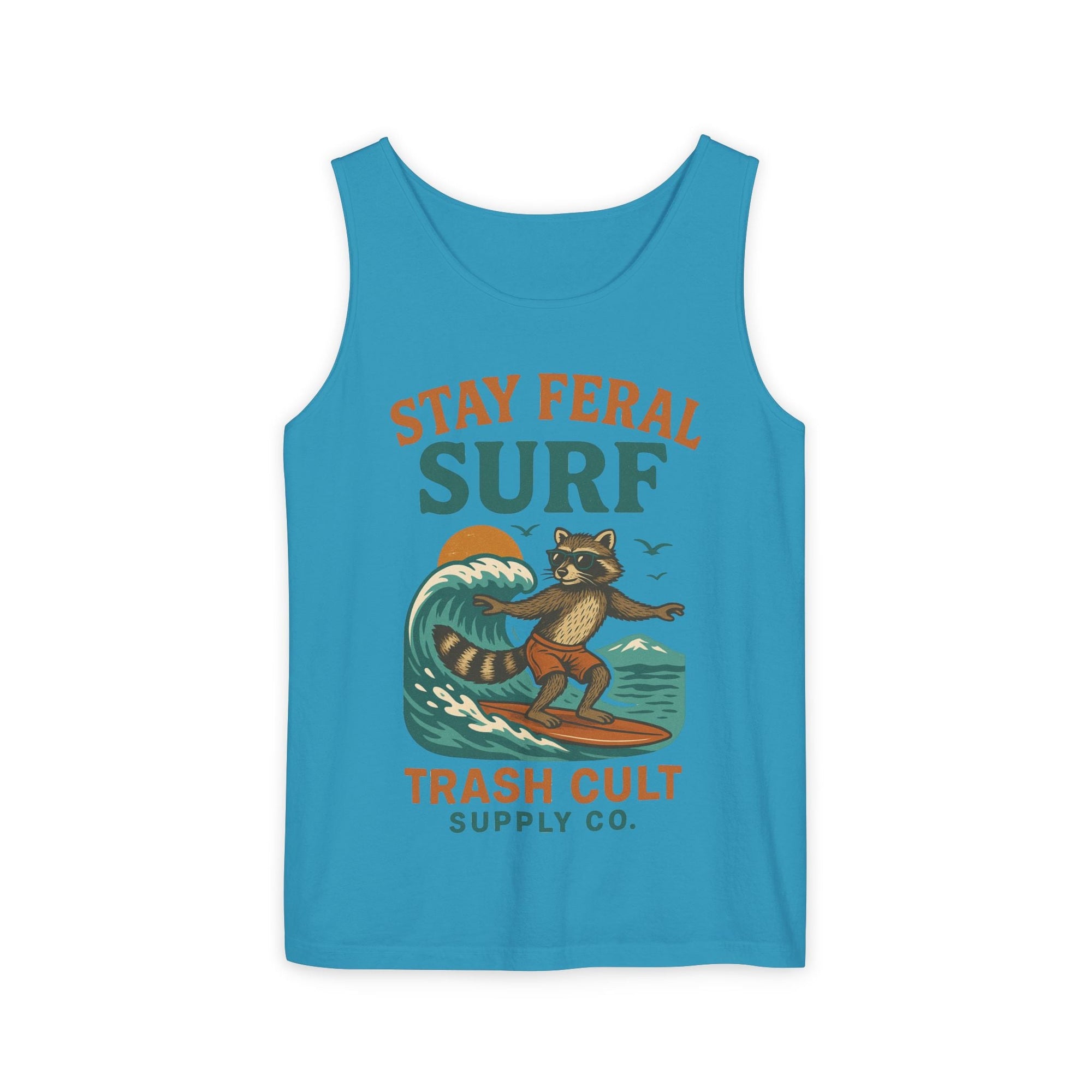 Stay Feral Surf Tank Top – Retro Raccoon Beach Tank – Trash Cult Supply Co – Comfort Colors 9360