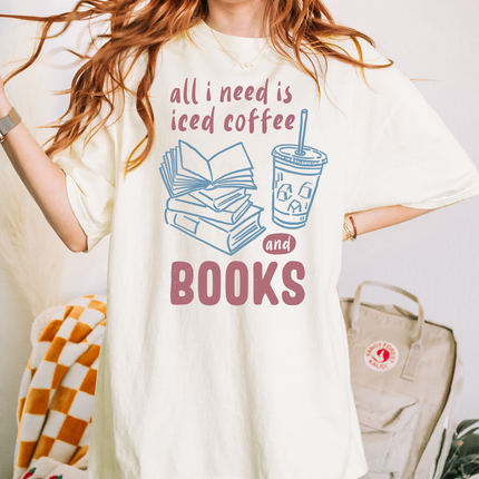 All I Need Is Iced Coffee and Books T-Shirt, Book Lover Graphic Tee, Coffee Addict Shirt for Women, Cozy Reader Tee, Caffeine & Books Gift: Blue & Purple Print