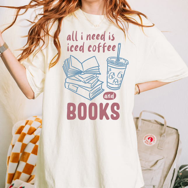 All I Need Is Iced Coffee and Books T-Shirt, Book Lover Graphic Tee, Coffee Addict Shirt for Women, Cozy Reader Tee, Caffeine & Books Gift: Blue & Purple Print