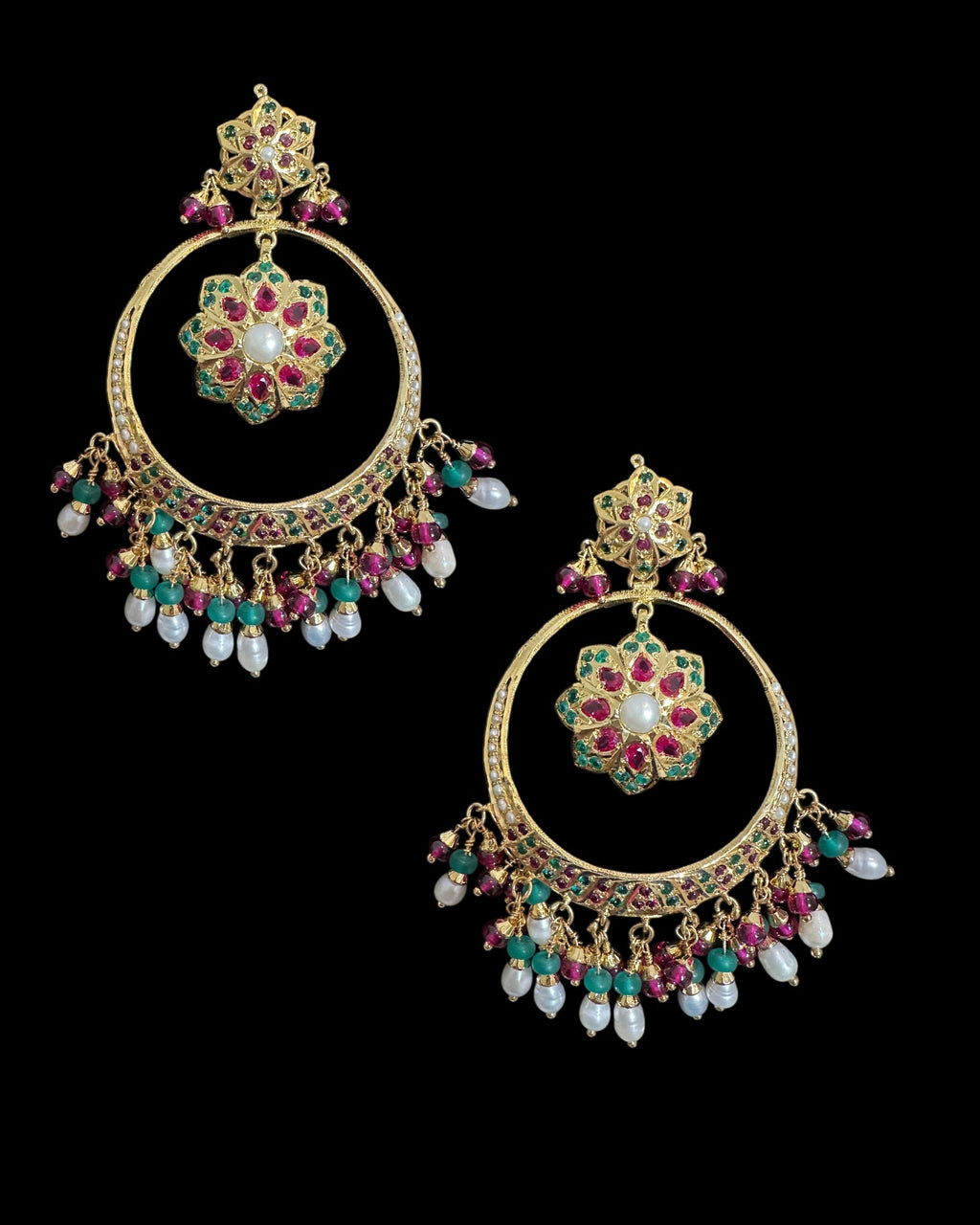 SER21 Ruby emerald pearl gold plated silver chandbali earrings ( READY TO SHIP )
