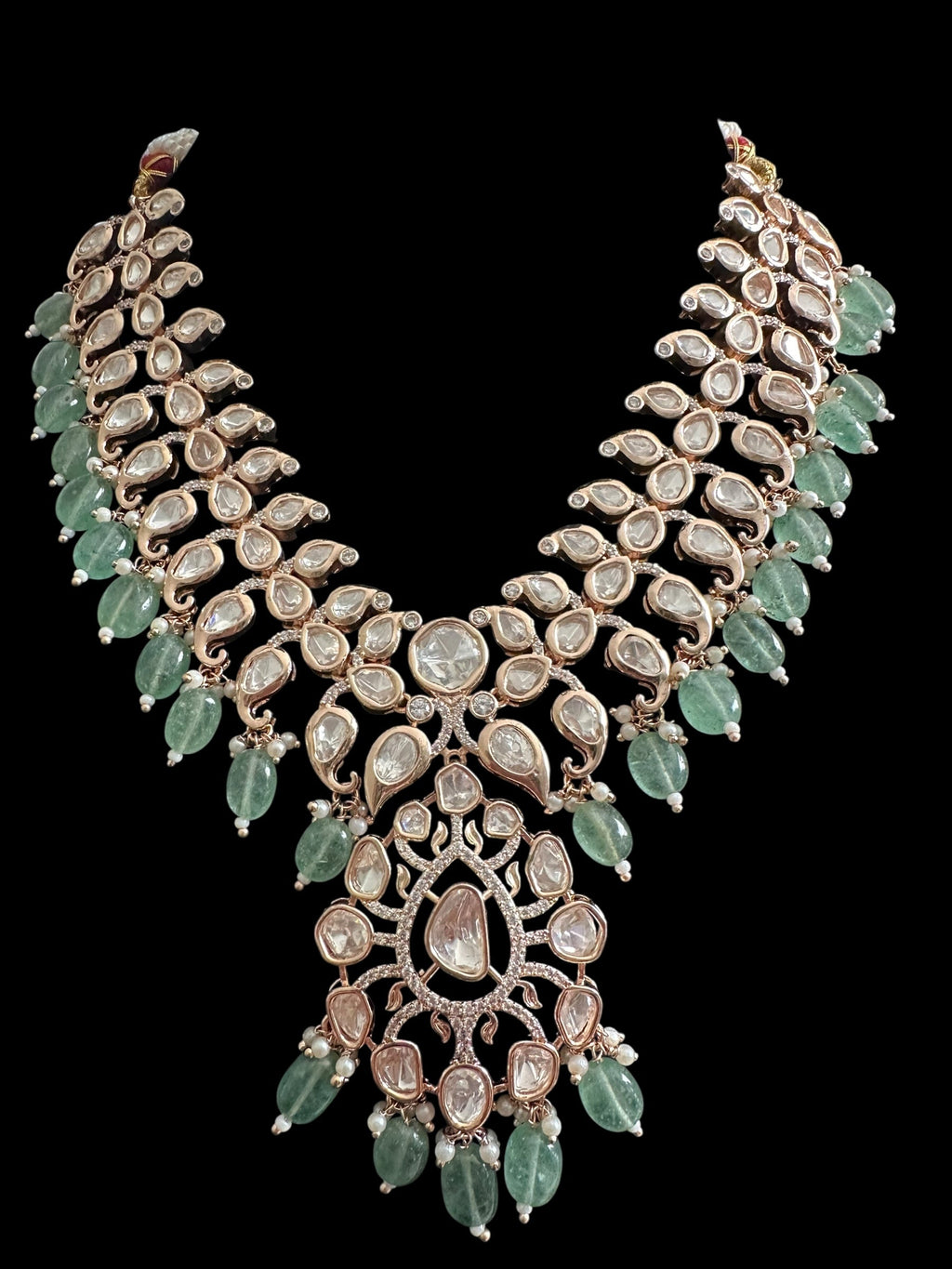 DNS206 Alayna Polki Necklace earrings tika set - light green beads with pearls ( READY TO SHIP )