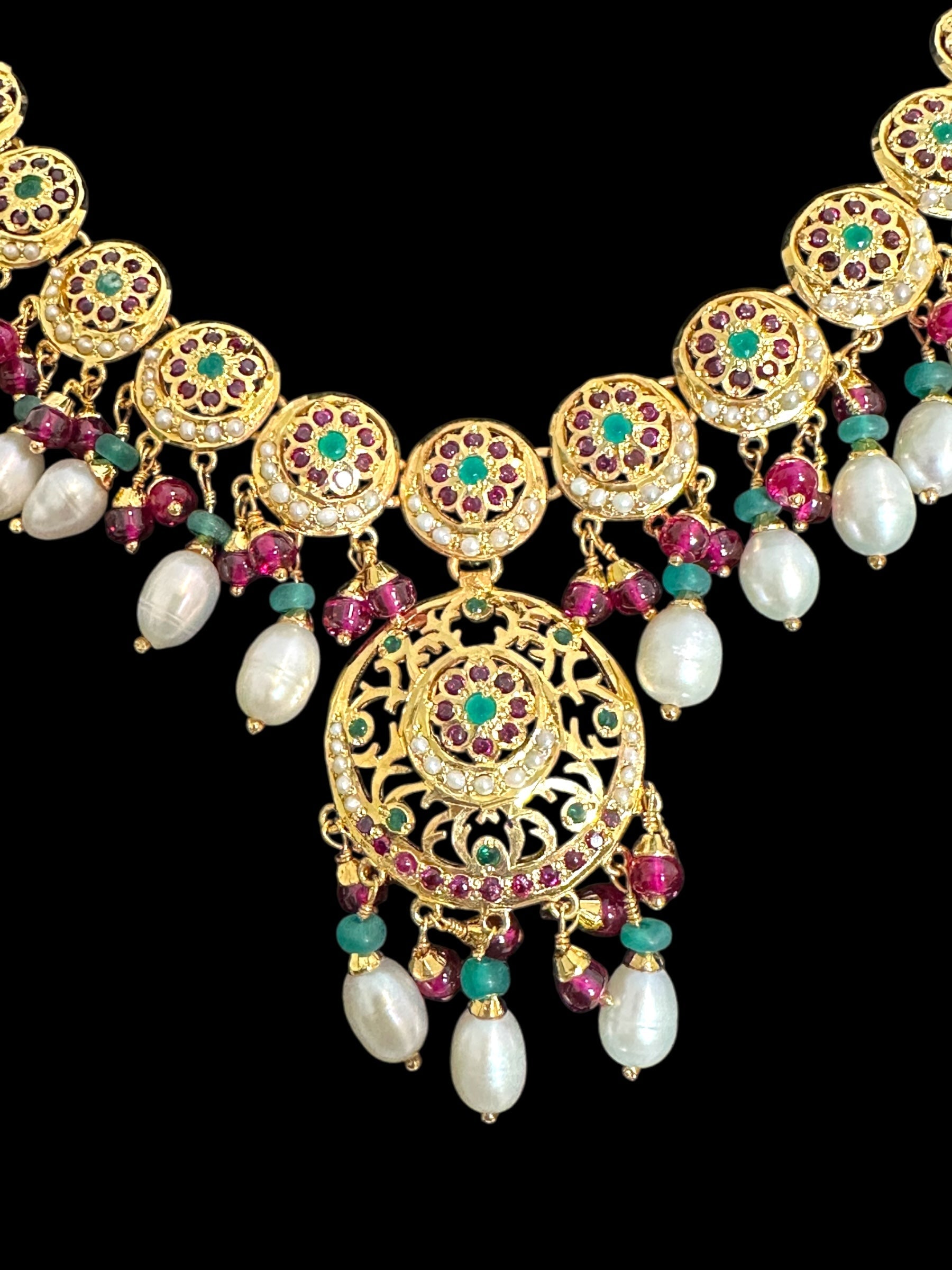 SN20 Ruby emerald pearl necklace with earrings|92.5silver gold plated ( READY TO SHIP )