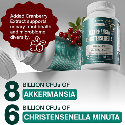 Christensenella Minuta and Akkermansia, Bifidobacterium longum, 8 Probiotic Strains, 50 Billion CFU with Cranberry Extract, Gut Health & Immune Support