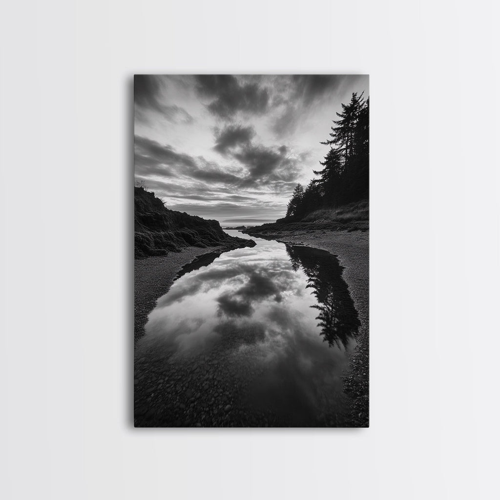 Reflective Tide Pool, Dramatic Sky, Forest Silhouette, Black and White Seascape, Framed Canvas Print, Living Room Wall Art, Nature Boho Style
