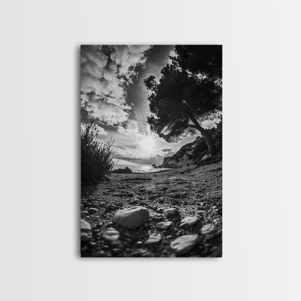 Sunset Beach View, Wide Angle Perspective, Nature Shoreline, Monochrome Landscape, Framed Canvas Print, Hallway Wall Art, Beach Decor