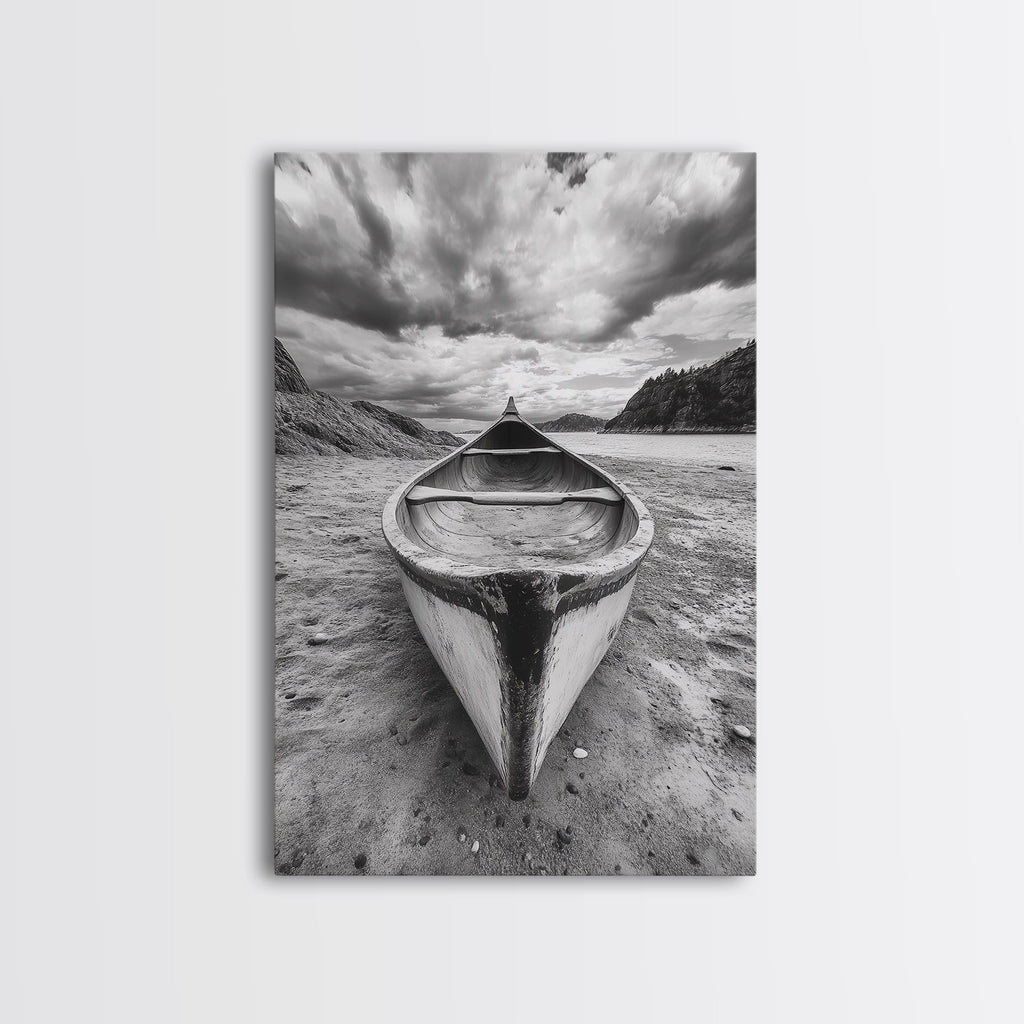 Canoe, Shoreline, Dramatic, Sky - canoe landscape Canvas Print, rustic wall art, entryway decor, nature photography, monochrome mountain