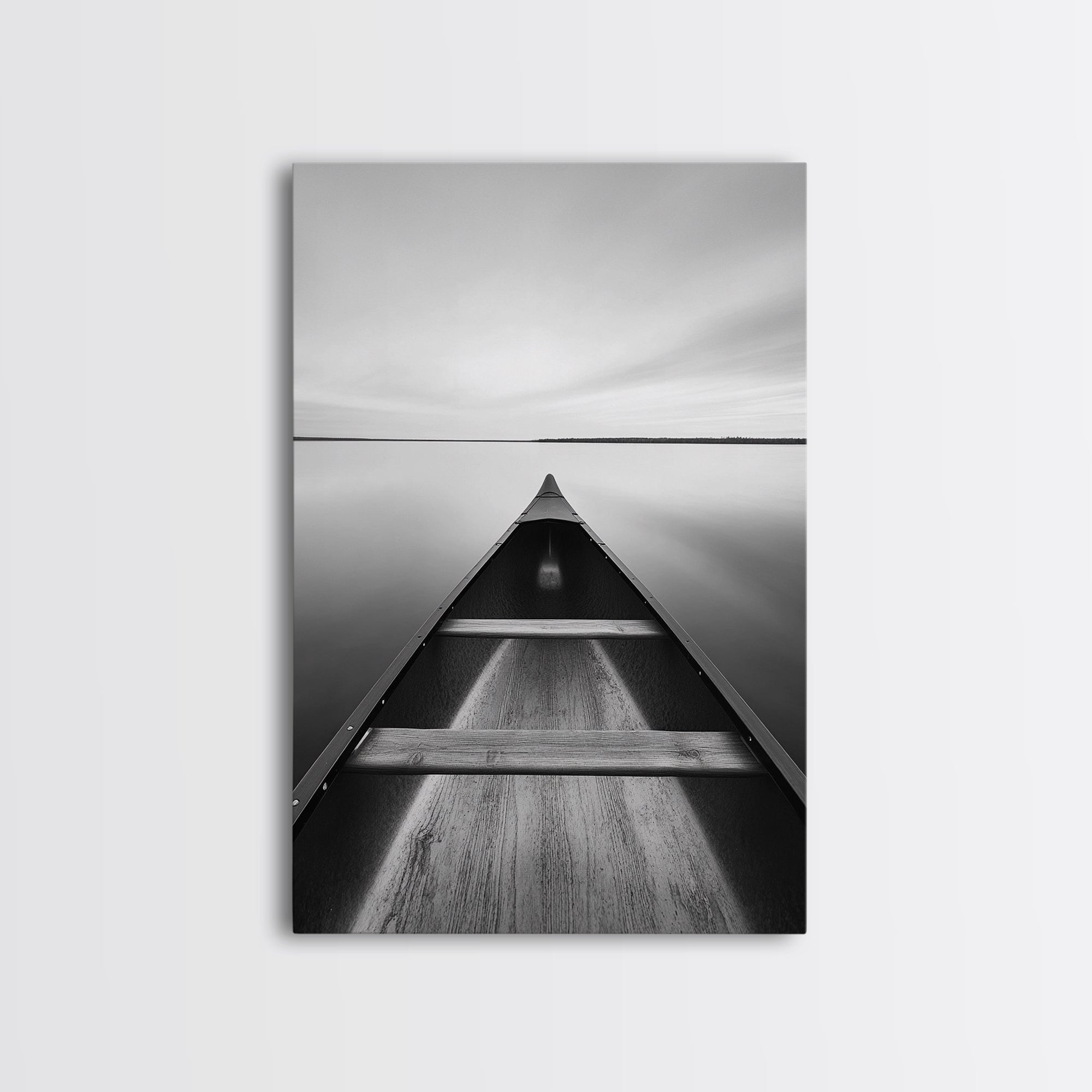 Canoe, Lake, Calm, Horizon - Minimalist lake paddle scene, Framed Canvas Print, peaceful home office art, Scandinavian decor, wilderness print