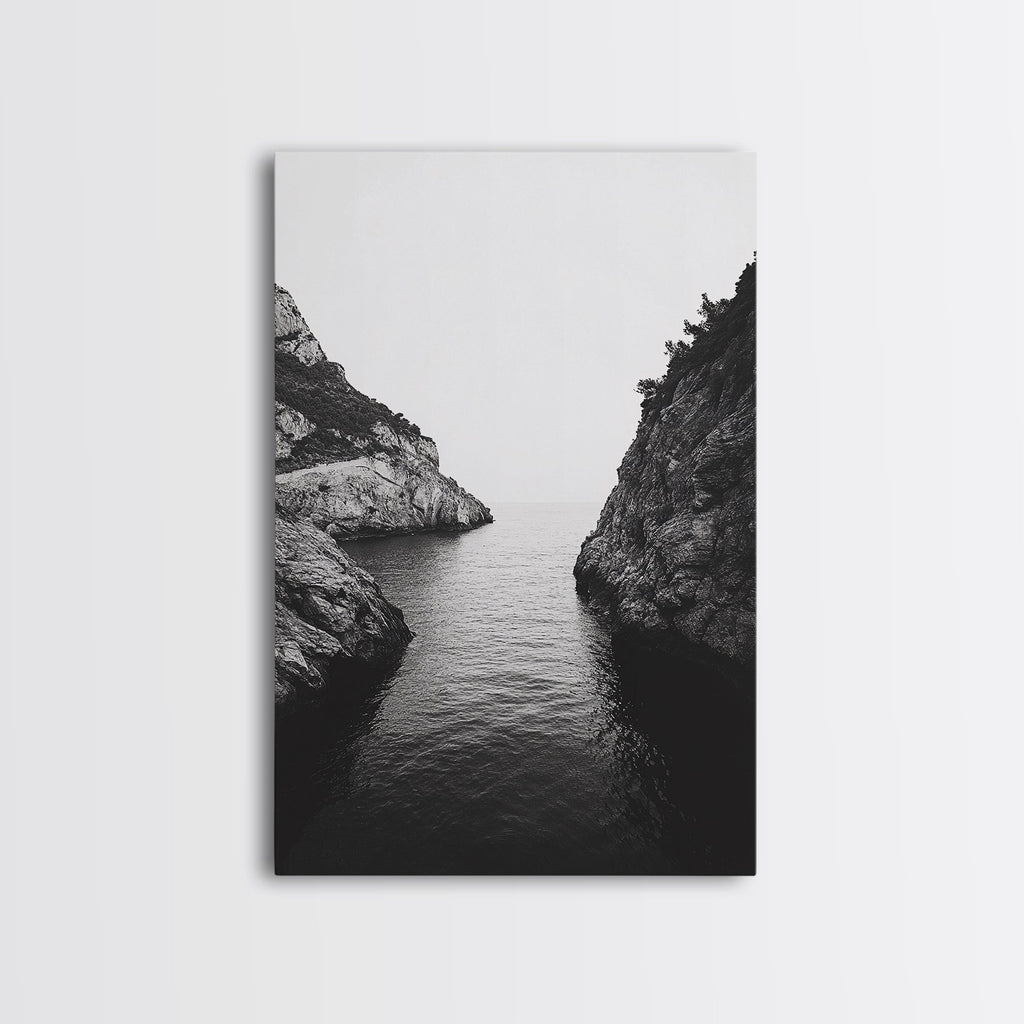 Cliffs, Ocean, Channel, Serenity - Dramatic rocky inlet view, Framed Canvas Print, ideal bathroom or hallway wall art, nature lover minimalist