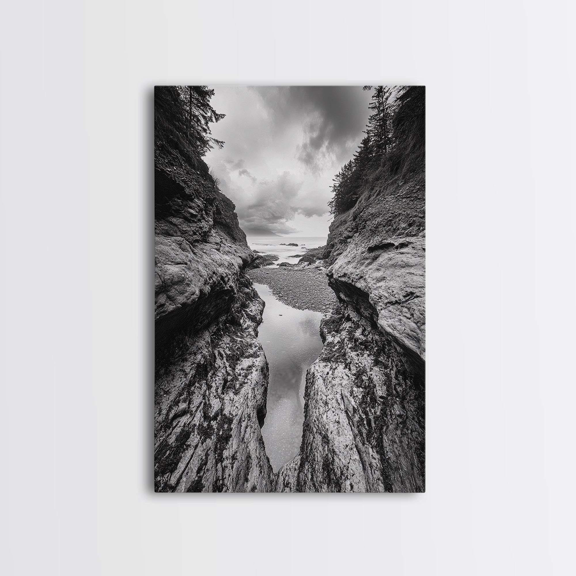 Ocean Ravine, Rugged Coastline, Pacific Wilderness, Stormy Seascape, Framed Canvas Print, Adventure Wall Art, Nature Home Decor