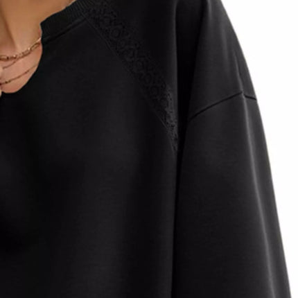 Lace Detail Notched Long Sleeve Sweatshirt