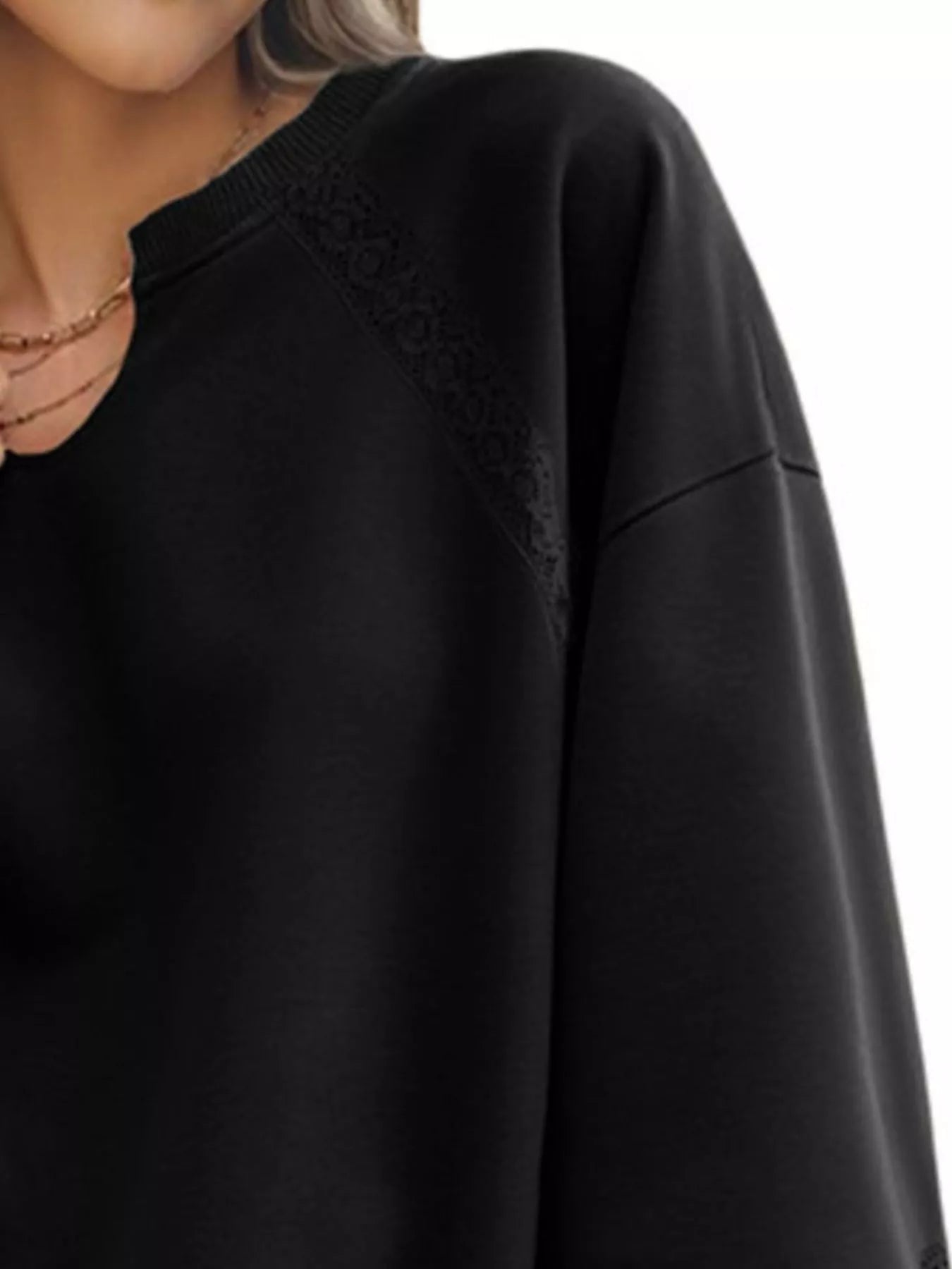 Lace Detail Notched Long Sleeve Sweatshirt