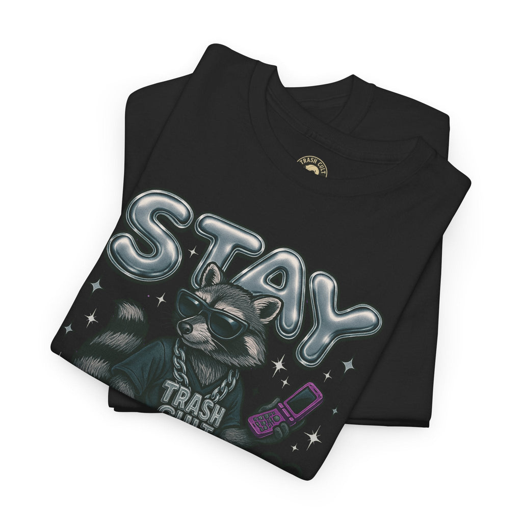 Stay Feral Chrome Raccoon Tee – Y2K Streetwear Trash Cult Shirt