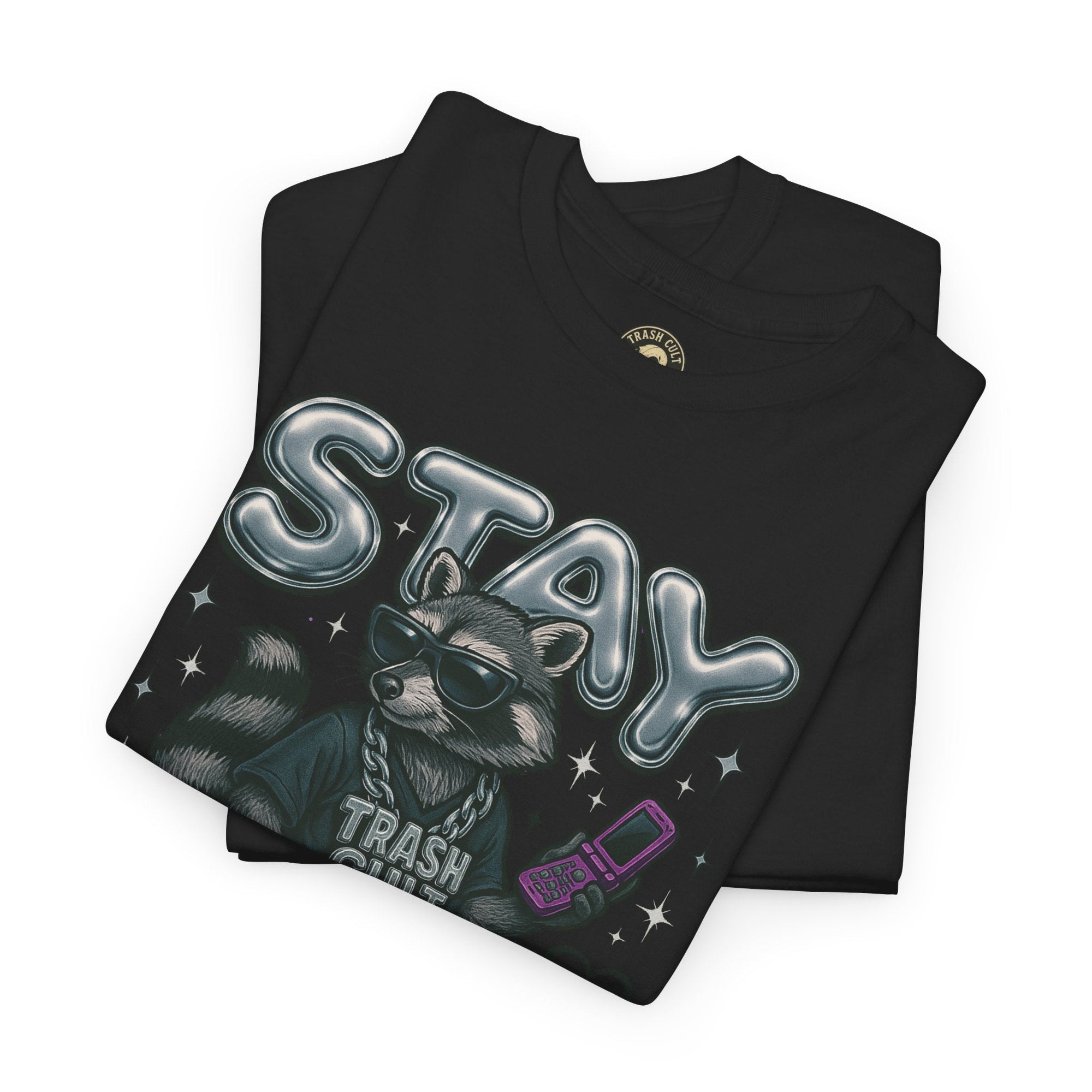 Stay Feral Chrome Raccoon Tee – Y2K Streetwear Trash Cult Shirt