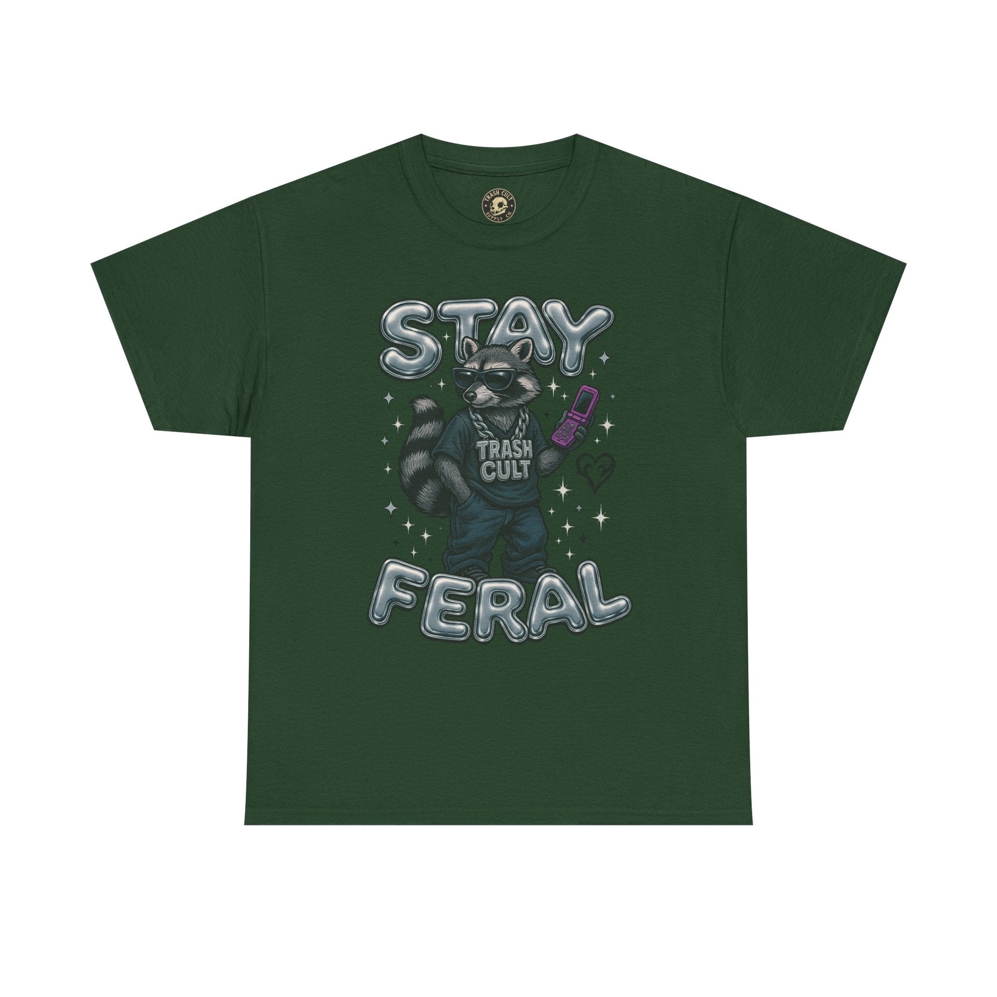 Stay Feral Chrome Raccoon Tee – Y2K Streetwear Trash Cult Shirt