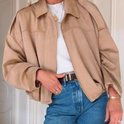 Zip Up Dropped Shoulder Suede Jacket