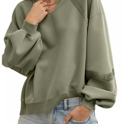 Lace Detail Notched Long Sleeve Sweatshirt