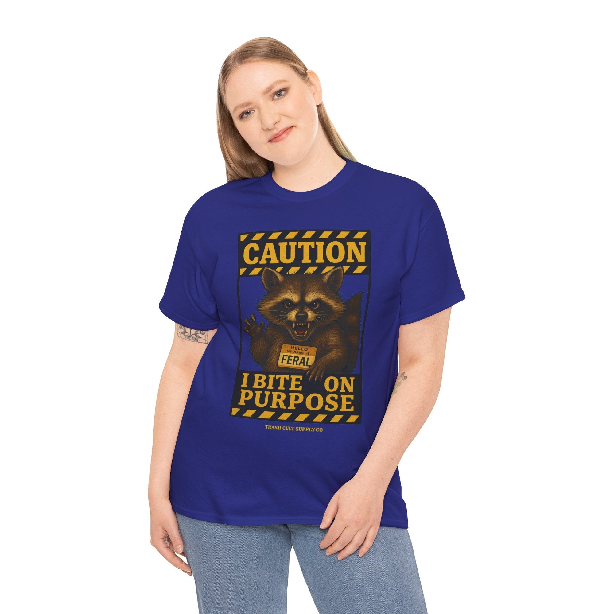 I Bite On Purpose Raccoon Warning T-Shirt – Caution Sign Style | Trash Cult Supply Co | Gildan 5000