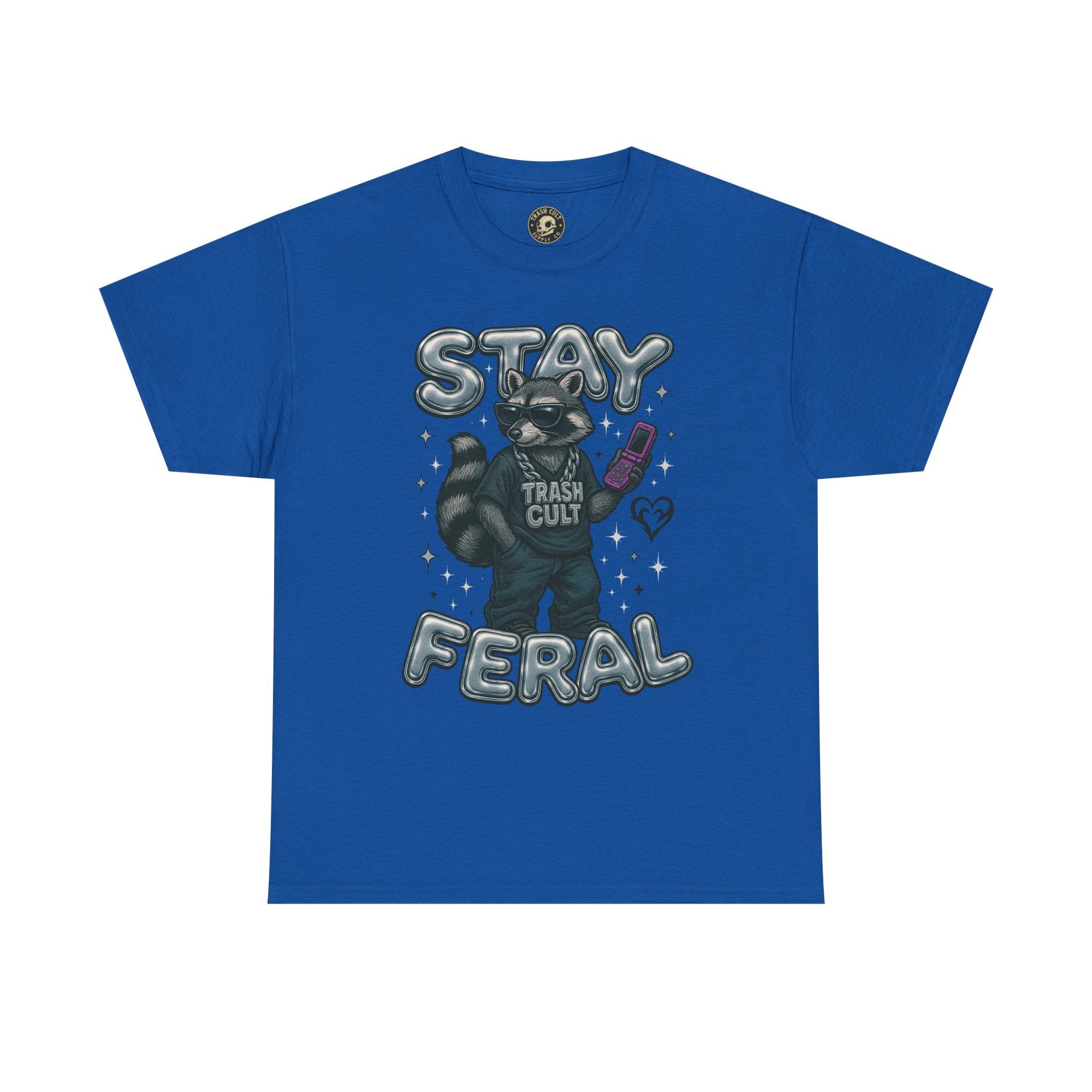 Stay Feral Chrome Raccoon Tee – Y2K Streetwear Trash Cult Shirt
