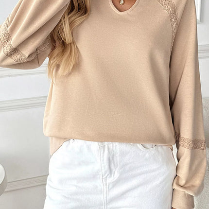 Lace Detail Notched Long Sleeve Sweatshirt