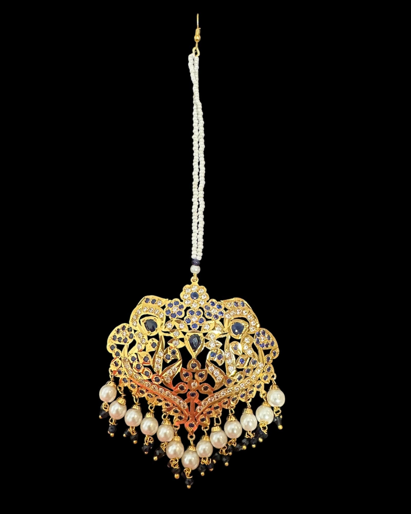 DNS204 Neeli jadau necklace with earrings tika in sapphire zircon(READY TO SHIP  )