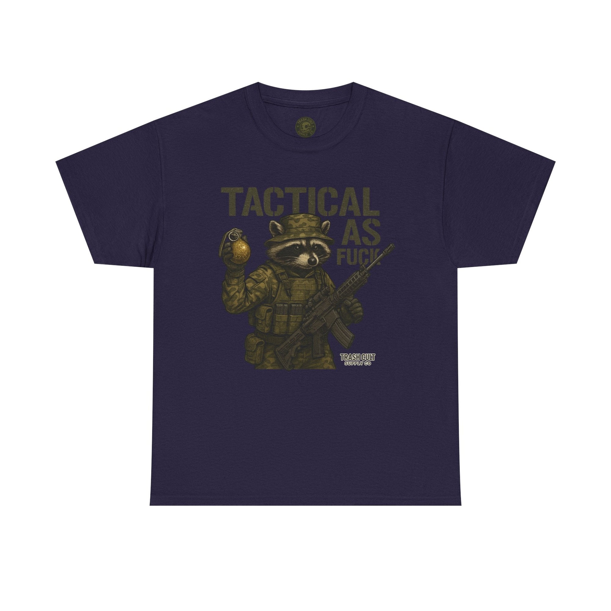 Tactical As F*** T-Shirt – Armed Raccoon Military Humor Tee | Trash Cult Supply Co. | Gildan 5000 Heavy Cotton