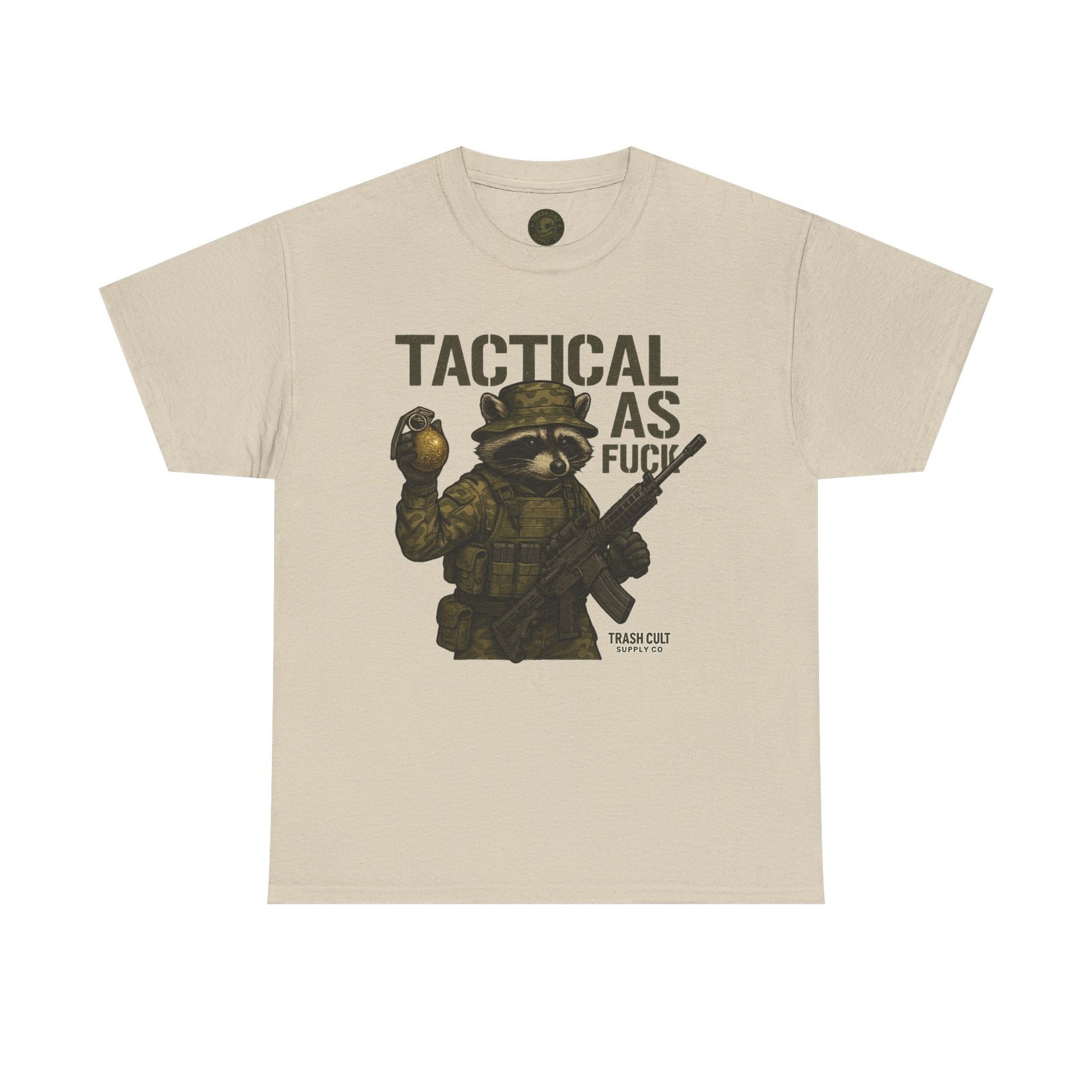 Tactical As F*** T-Shirt – Armed Raccoon Military Humor Tee | Trash Cult Supply Co. | Gildan 5000 Heavy Cotton