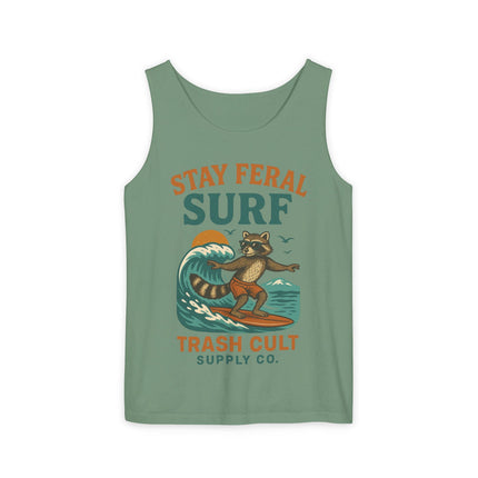 Stay Feral Surf Tank Top – Retro Raccoon Beach Tank – Trash Cult Supply Co – Comfort Colors 9360