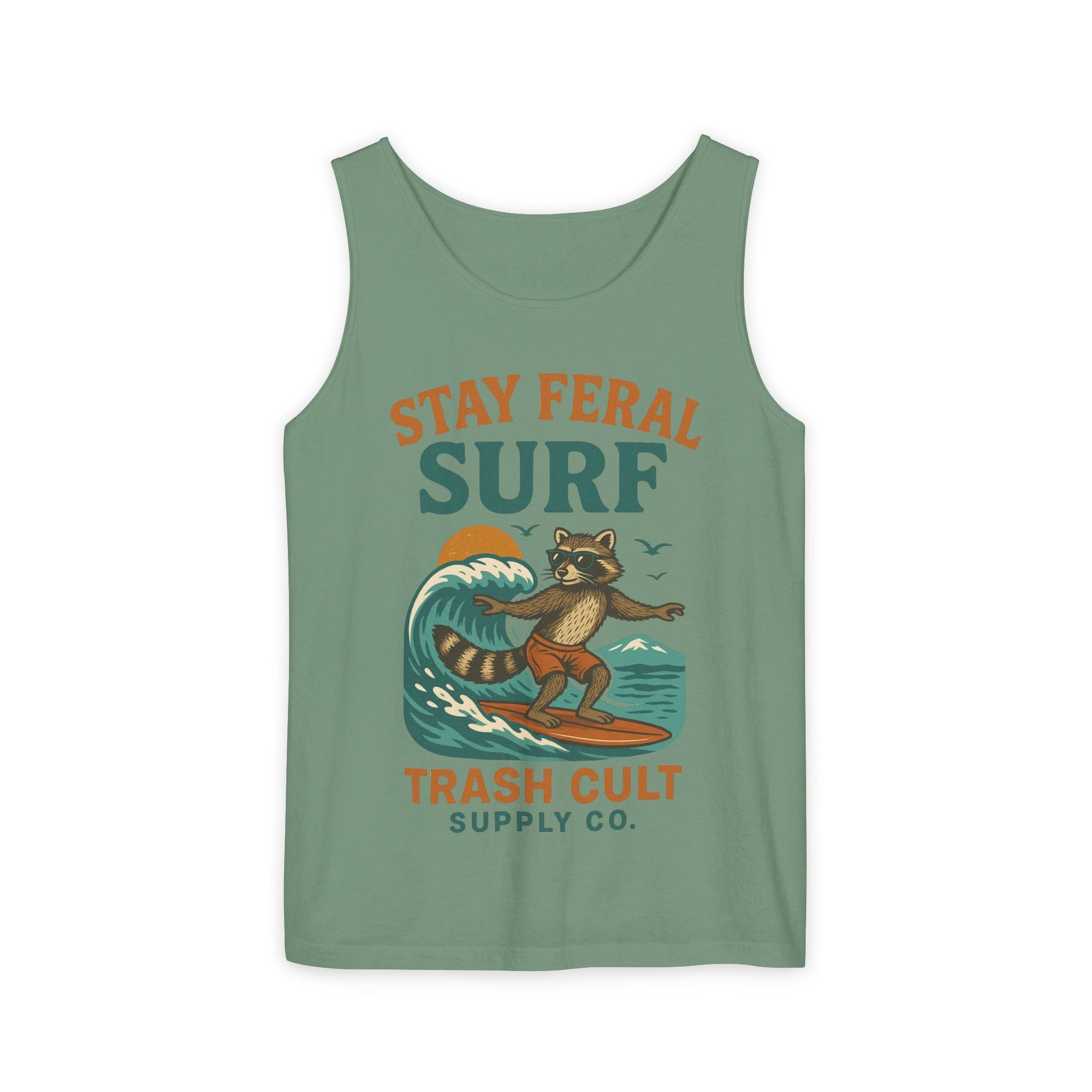 Stay Feral Surf Tank Top – Retro Raccoon Beach Tank – Trash Cult Supply Co – Comfort Colors 9360