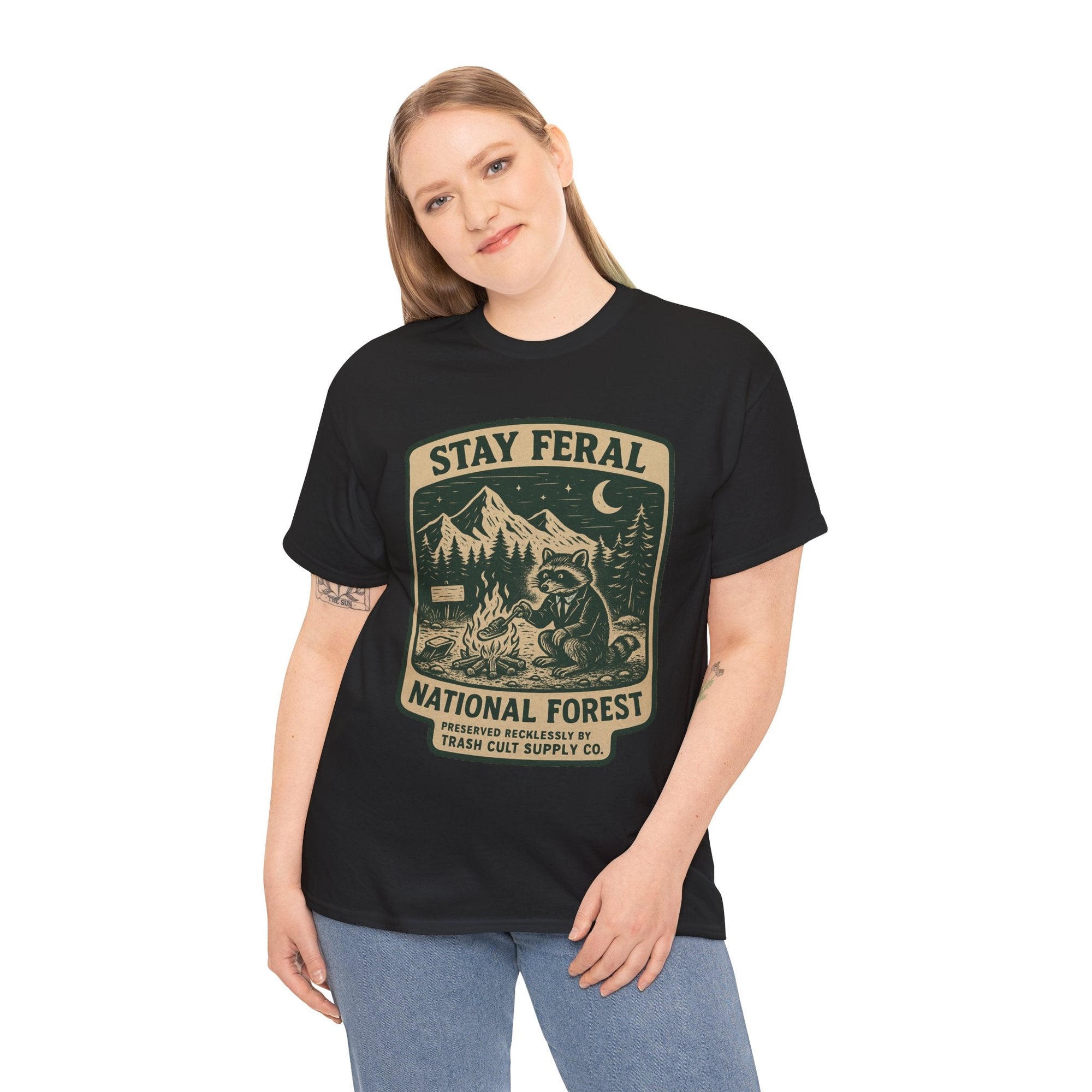 Stay Feral National Forest Shirt – Vintage Raccoon Camping Tee – Trash Cult Supply Co – Gildan 5000