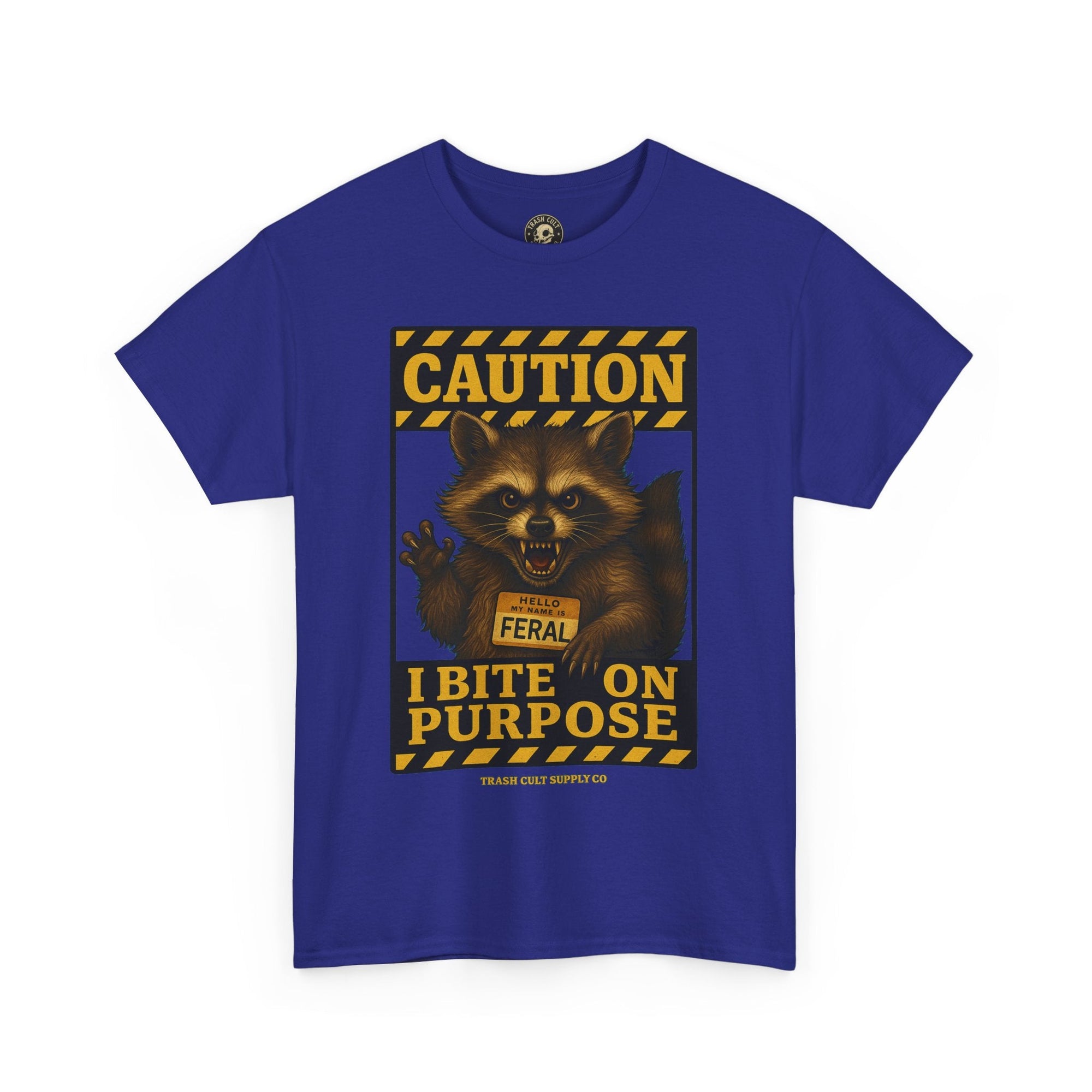 I Bite On Purpose Raccoon Warning T-Shirt – Caution Sign Style | Trash Cult Supply Co | Gildan 5000