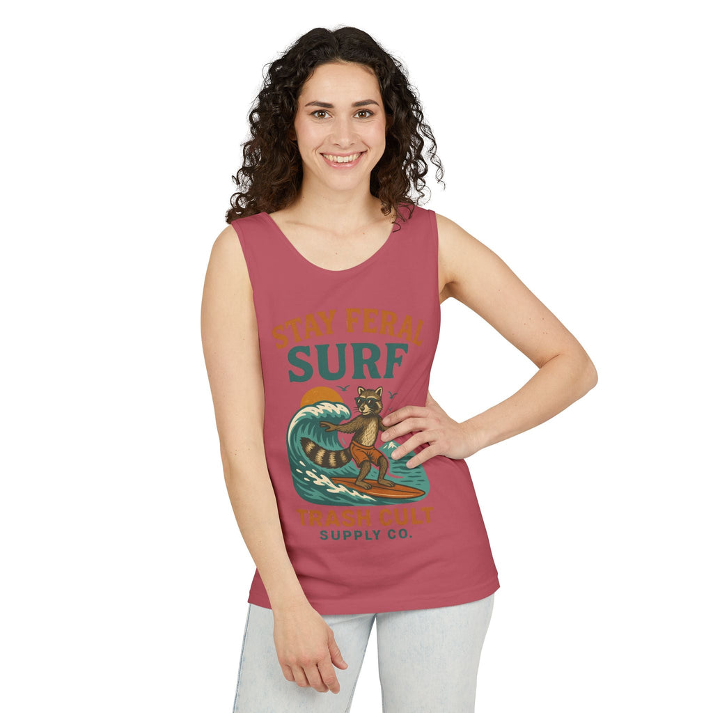 Stay Feral Surf Tank Top – Retro Raccoon Beach Tank – Trash Cult Supply Co – Comfort Colors 9360