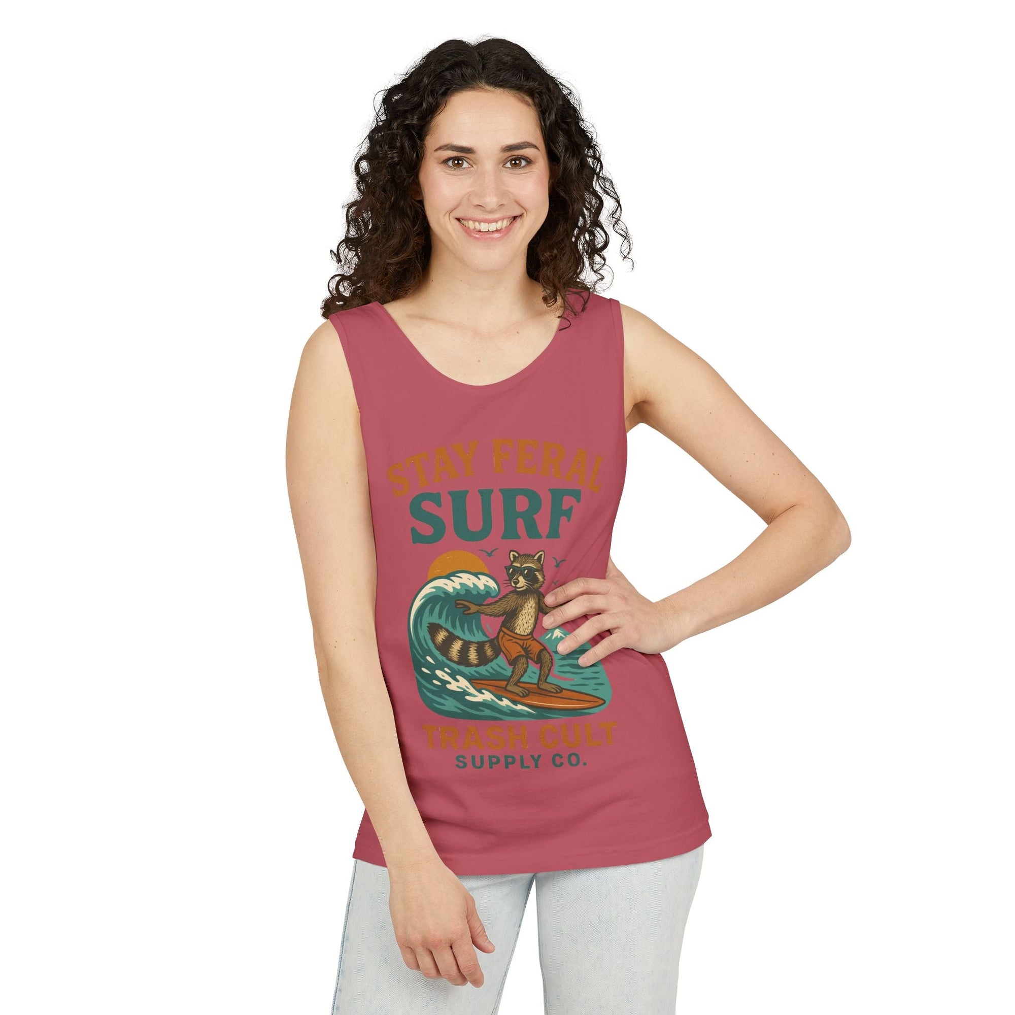 Stay Feral Surf Tank Top – Retro Raccoon Beach Tank – Trash Cult Supply Co – Comfort Colors 9360