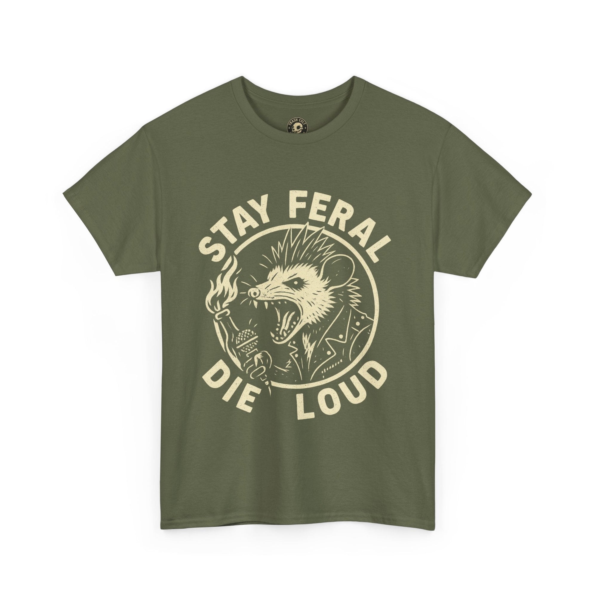 Stay Feral Die Loud Possum Punk Shirt – Trash Cult Supply Co – Gildan 5000 T-Shirt