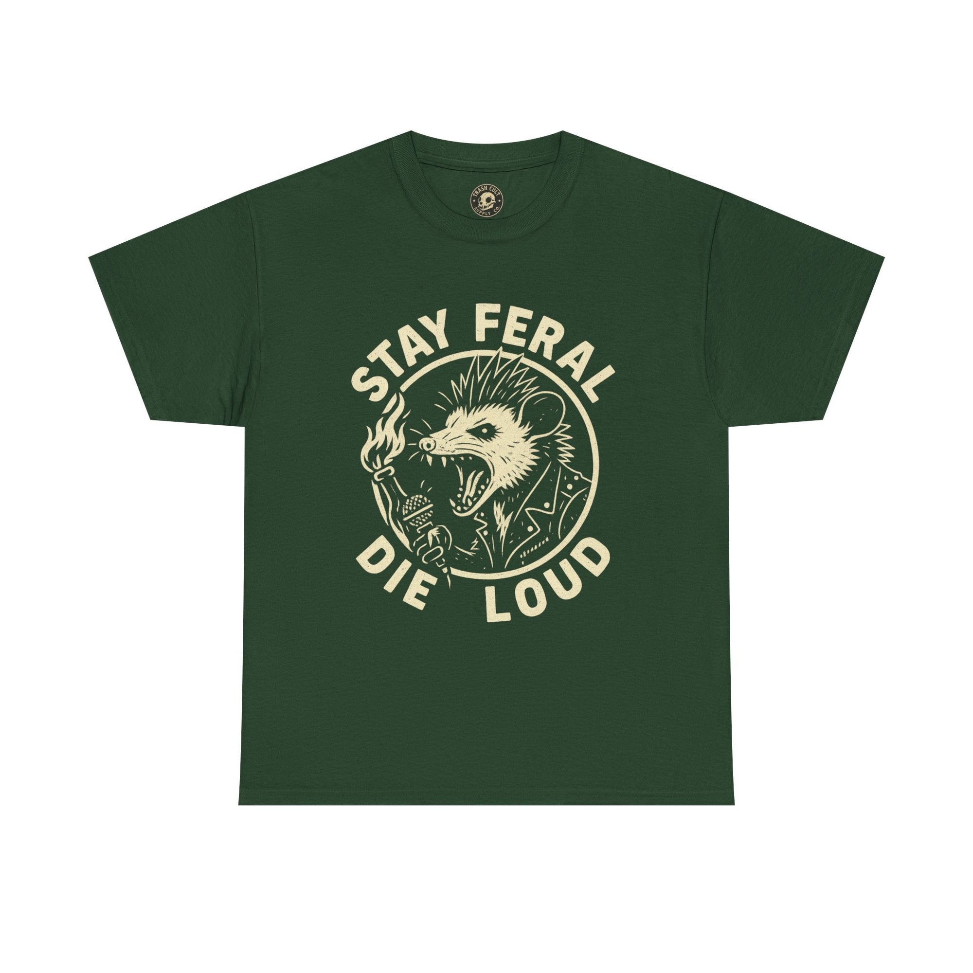 Stay Feral Die Loud Possum Punk Shirt – Trash Cult Supply Co – Gildan 5000 T-Shirt