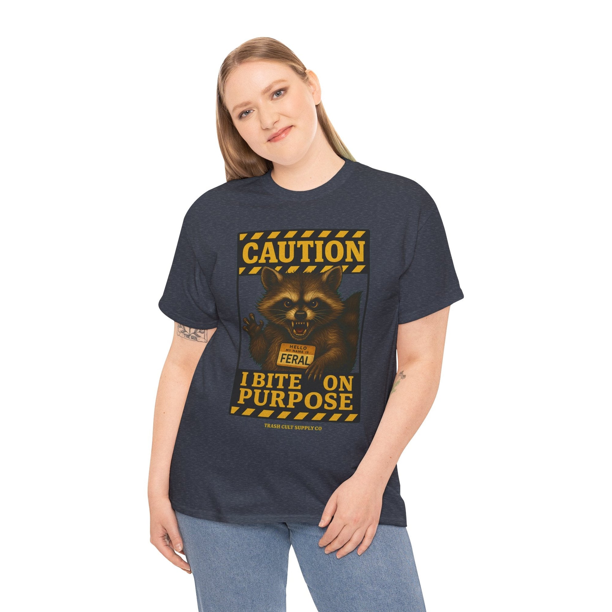 I Bite On Purpose Raccoon Warning T-Shirt – Caution Sign Style | Trash Cult Supply Co | Gildan 5000
