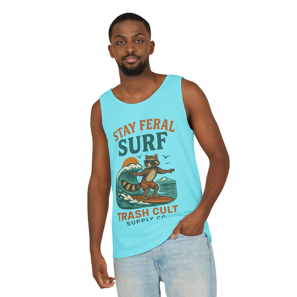 Stay Feral Surf Tank Top – Retro Raccoon Beach Tank – Trash Cult Supply Co – Comfort Colors 9360
