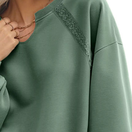 Lace Detail Notched Long Sleeve Sweatshirt